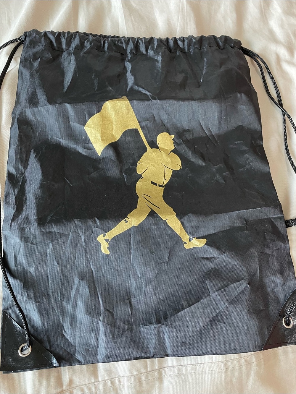 Black Drawstring bag cinch sack with gold graphic NWOT